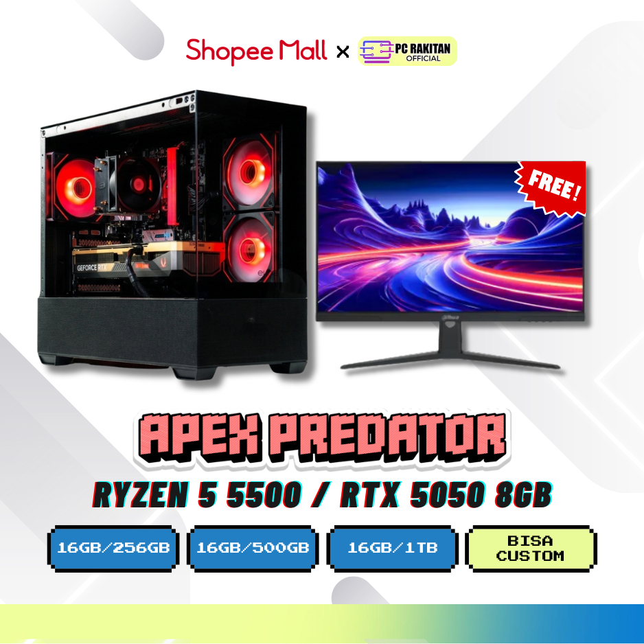 RAKITAN PC GAMING APEX PREDATOR RYZEN 5 5500 RTX 5050 8G/ 16GB 512GB