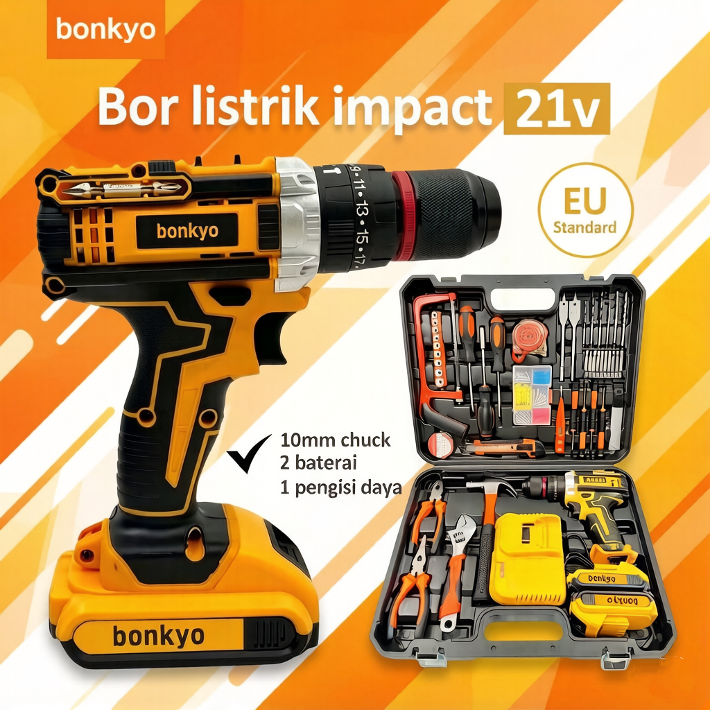 Bonkyo Mesin Bor Baterai Bor Impact Set Bor Listrik Kotak Peralatan Multifungsi Bor Beton