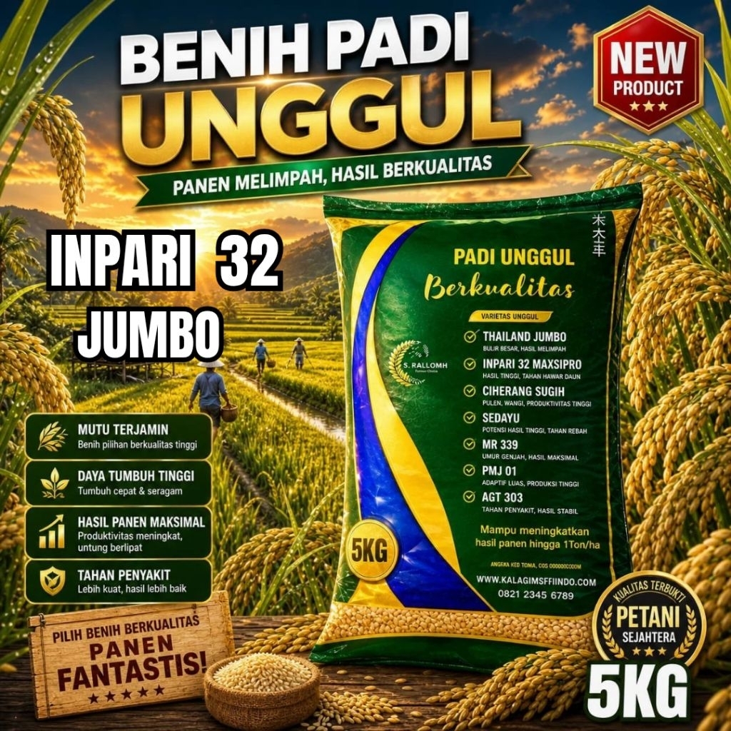 BENIH PADI UNGGUL INPARI 32 JUMBO KEMASAN 5,KG BENIH PADI KUALITAS ORIGINAL