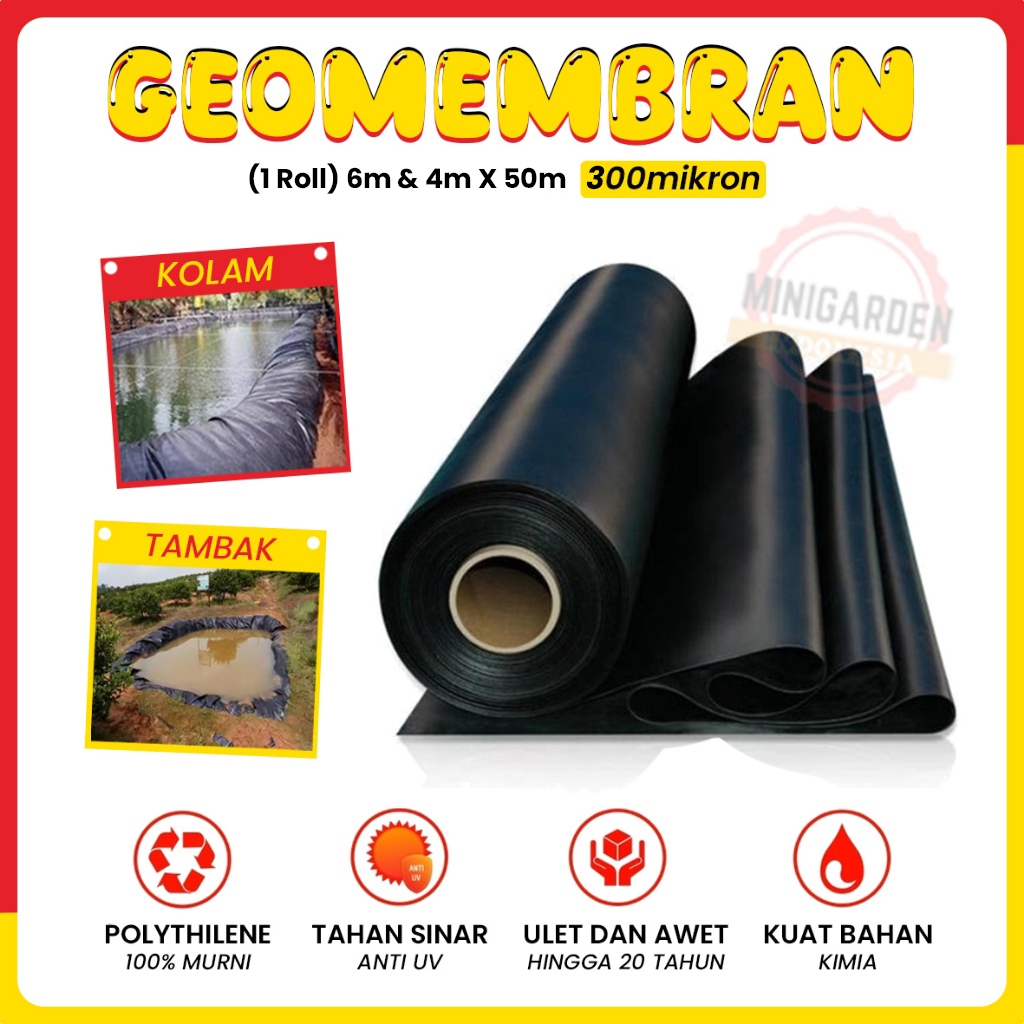 GEOMEMBRAN PLASTIK HDPE 1 ROLL 6 METER & 4 METER X 50 METER 300 MIKRON uv hitam kolam