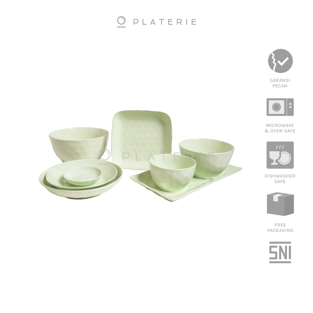 PLATERIE Dinner Set Piring Mangkok , Dinner & Salad Plate & Bowl Keramik Green Daisy