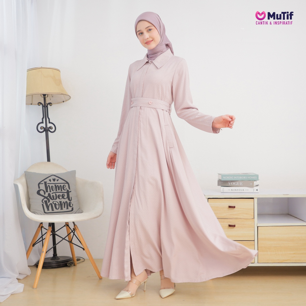 MUTIF Gamis Dewasa Hasya Pink Dove Elegan Bahan Premium Adem Look Mewah dan Simple Nyaman Dipakai Se