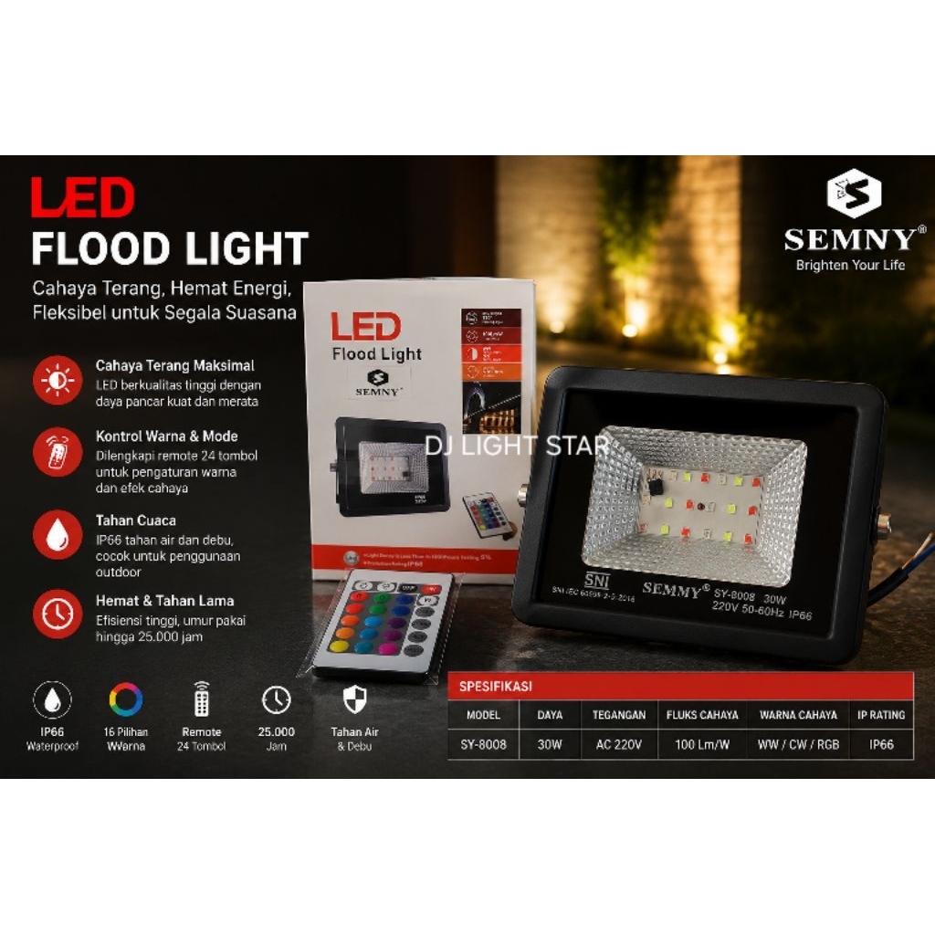 SEMNY LAMPU LED RGB / LAMPU LED WARNA WARNI 20Watt 30Watt, 50Watt, 100WATT, 200Watt IP66
