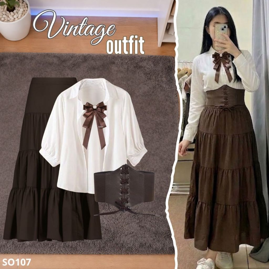 Setelan Wanita Vintage Kekinian (Rok Sususn,Blouse Elza,Belt Vintage) OOTD Korean Style SO107