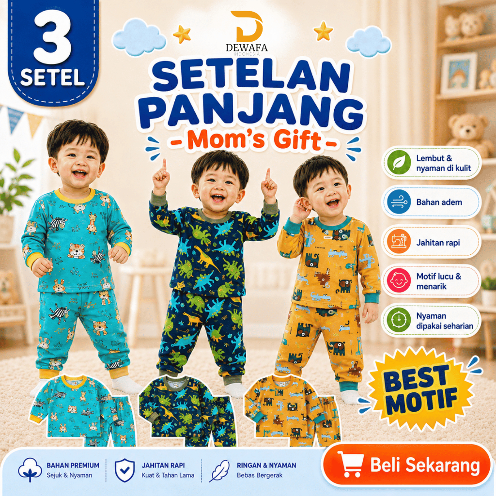 [ 3 Setel ] Setelan Moms Gift PANJANG Terbaru ( 1-4 tahun ) Setelan Piyama Baju Tidur Anak