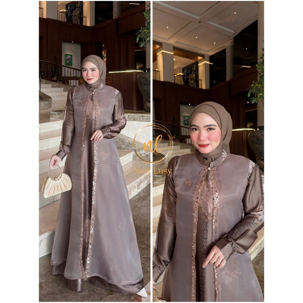 Azqila Dress by New Lusy Original - Dress dengan Bahan armani sultan brown (motif) organza (polos)
