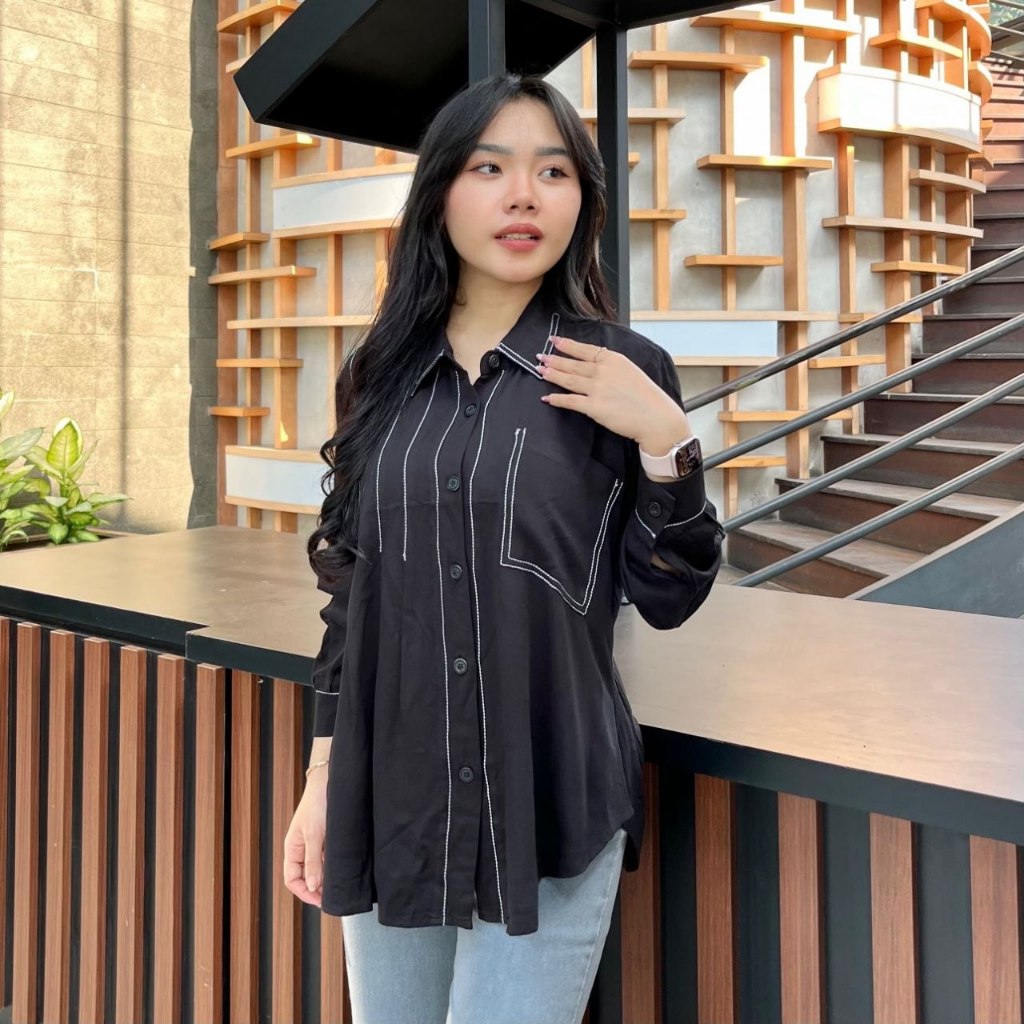 Kemeja Lengan Panjang Velicia Atasan Wanita Warna Hitam Bahan Rayon Twil Nyaman Vintage Top Santai K