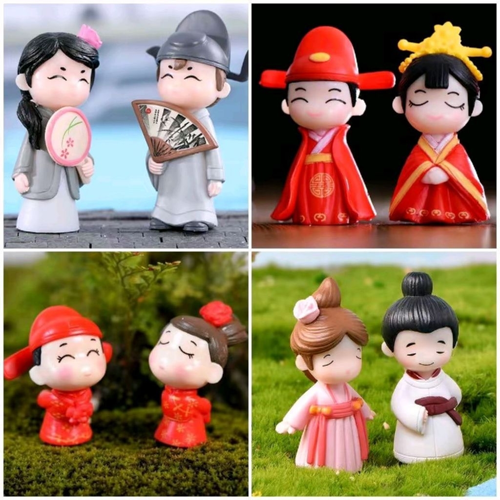 Miniatur pasangan pengantin tiongkok mandarin cina Tradisional topper kue boneka hiasan pajangan pra