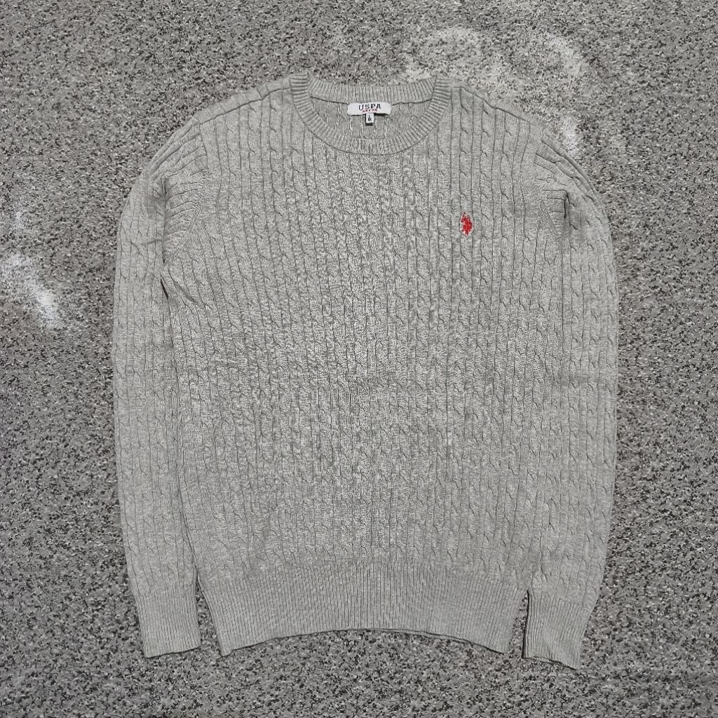 Cable Knit Polo USPA Vintage Grey Sweatshirt Crewneck Casual Long Sleeve Classic Fit Red Logo