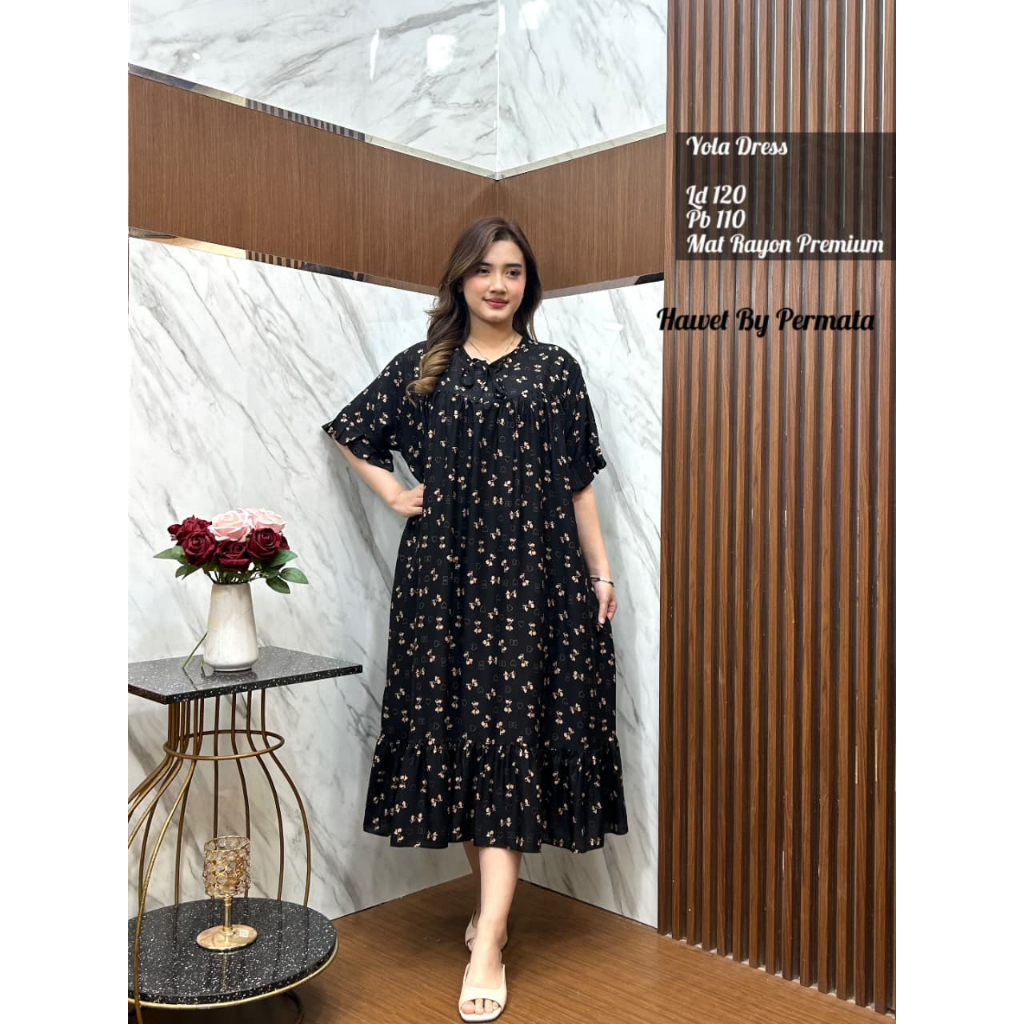 Dress Wanita Terbaru Rayon Twill Premium Motif Bunga-Bunga