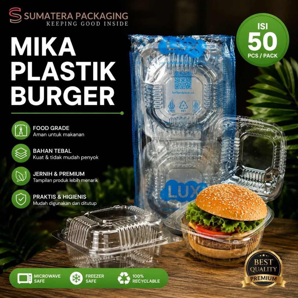 MIKA PLASTIK BURGER 50pcs BOX WADAH ROTI HAMBURGER LUX HB01 Tahan panas Food grade Grosir Medan