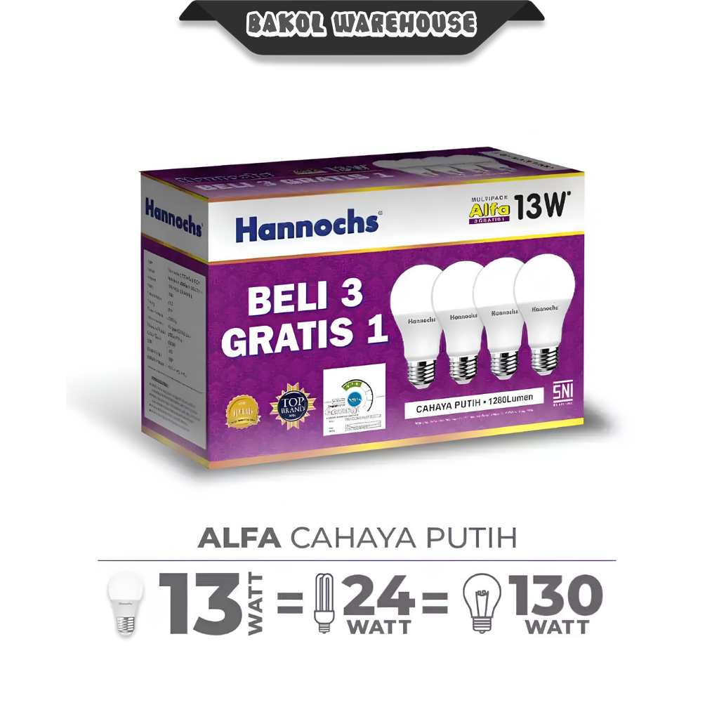 Hannochs Lampu Bohlam LED Alfa A Bulb Multipack 13Watt Cahaya Putih (Beli 3 Gratis 1)