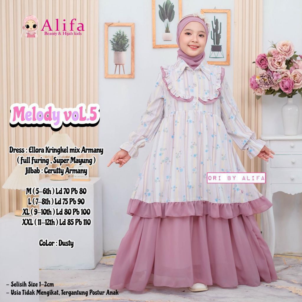 Melody Set Kids Vol 5 Original Product By Alifa setelan Gamis Anak Usia 3-12 Tahun Bahan Elorra Krin