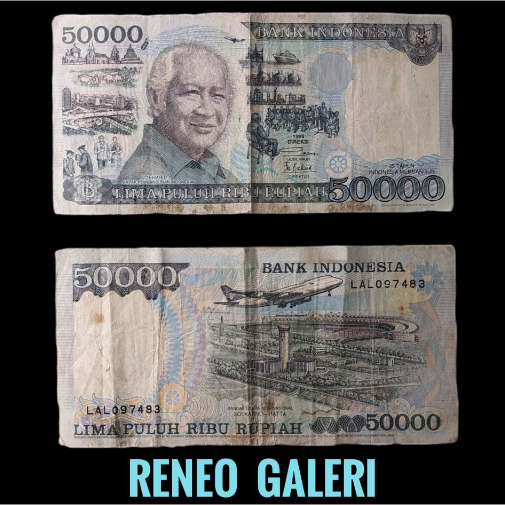 VF 50.000 Rupiah Suharto mesem tahun 1993 1995 Rp 50000 Uang kertas kuno duit lama original asli