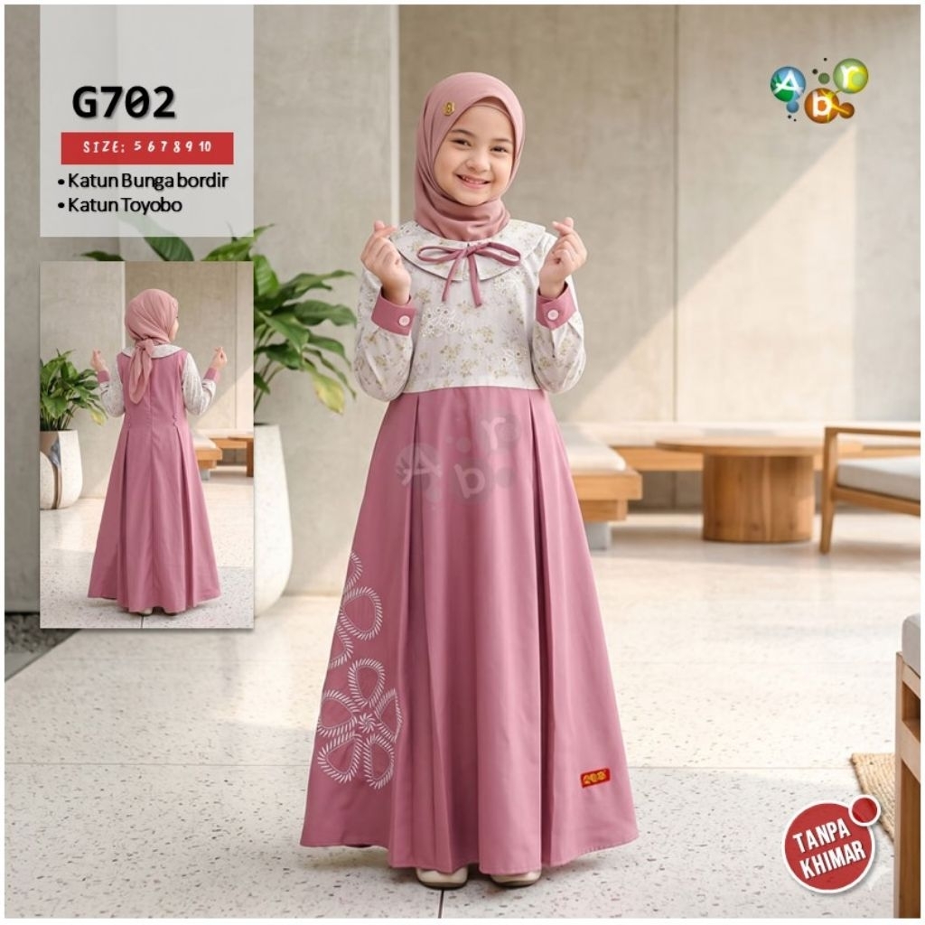 Gamis Anak Perempuan ABR "G.702" Bordir Elegan | Dress Muslim Anak Katun Toyobo Adem | Gamis Anak Ke