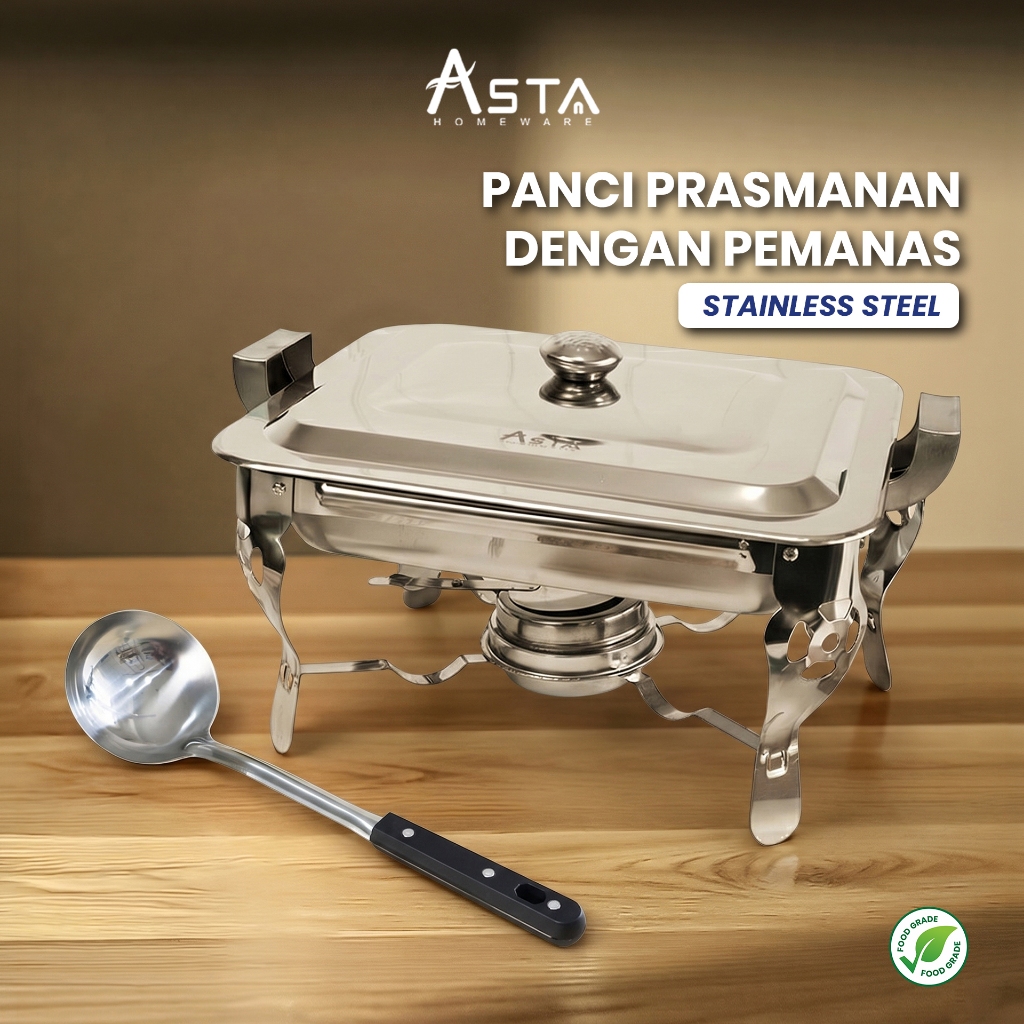 Panci Prasmanan Stainless + Tutup + Pemanas + Sendok - Wadah Makanan Food Grade | Asta Homeware