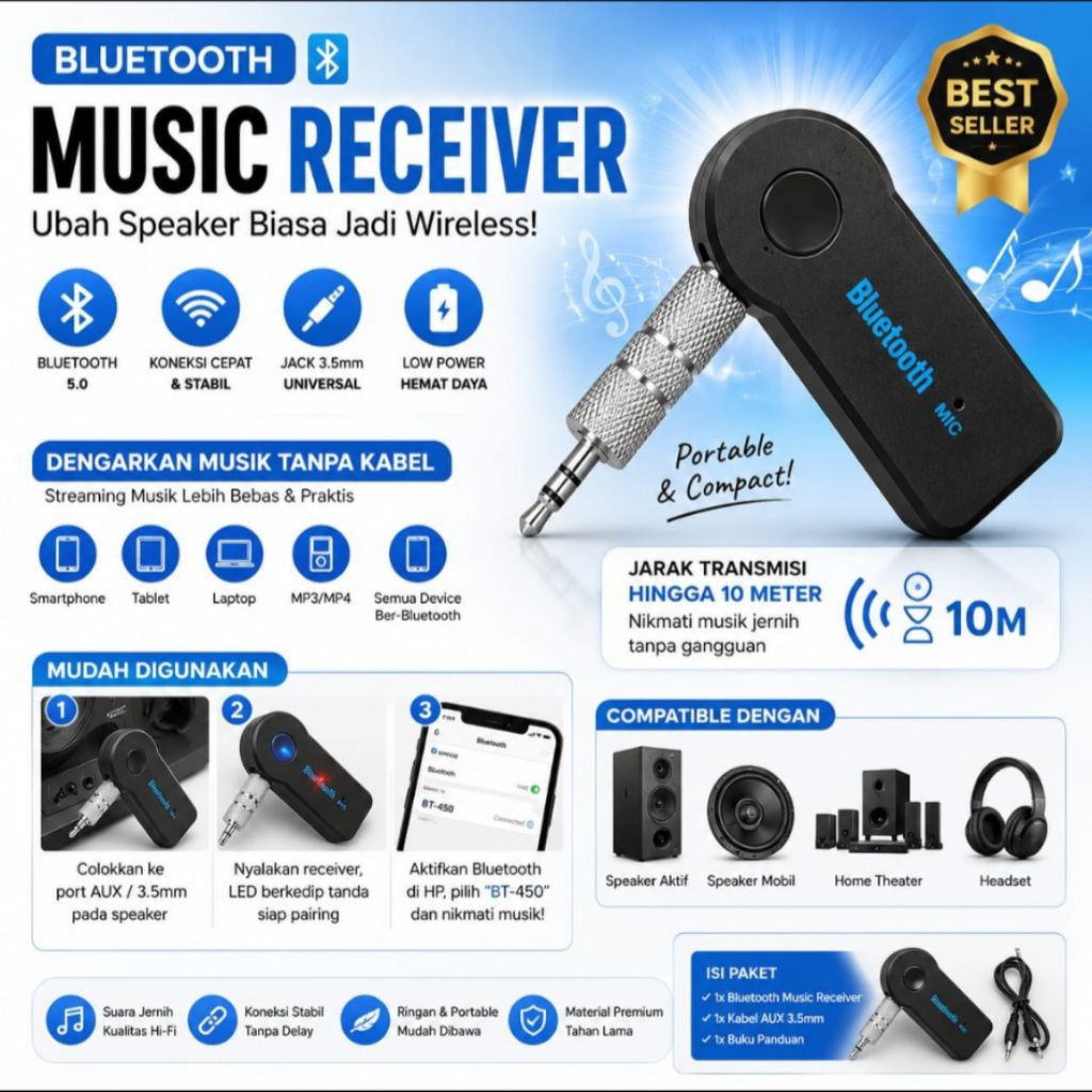 BLUETOOTH MUSIC RECEIVER ALAT SAMBUNG BLUETOOTH MUSIK KE SALON