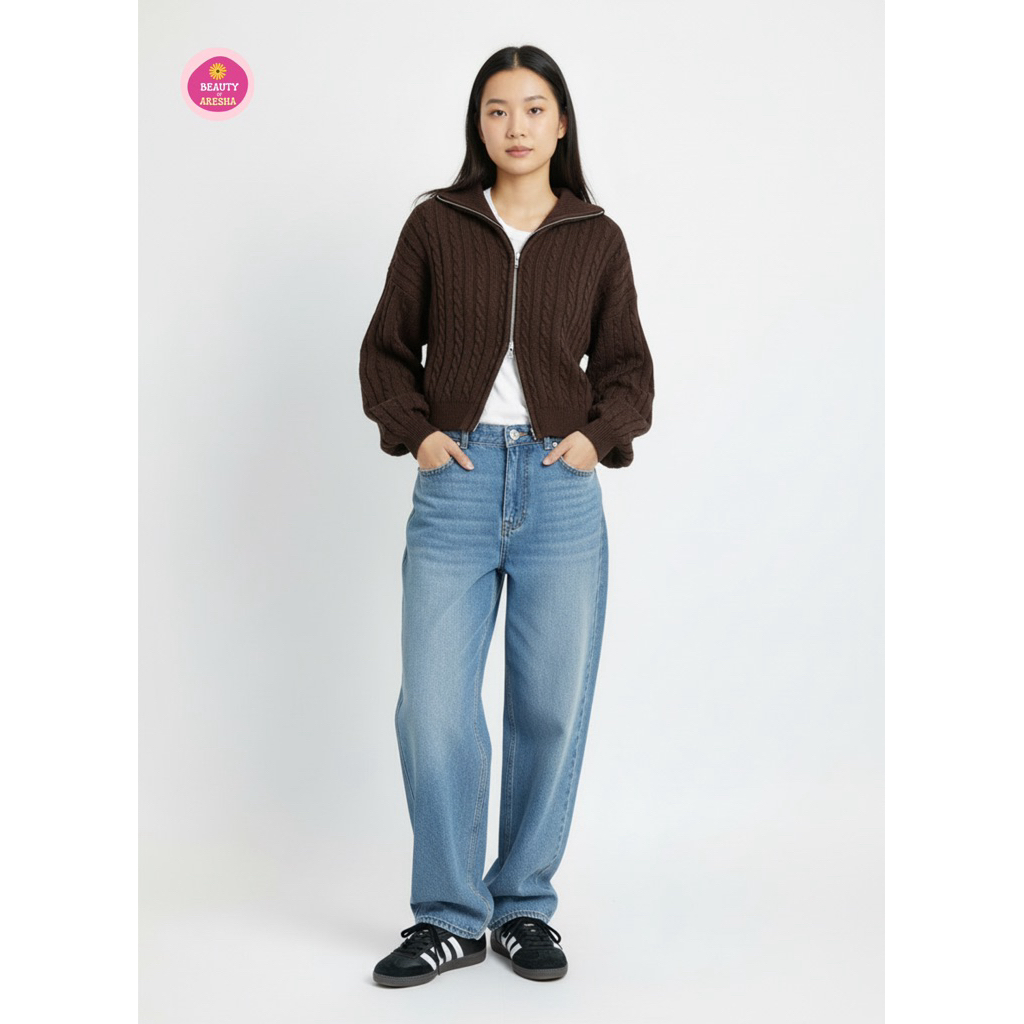 Sweater Double Zipper Kepang Cable Knit Oversize