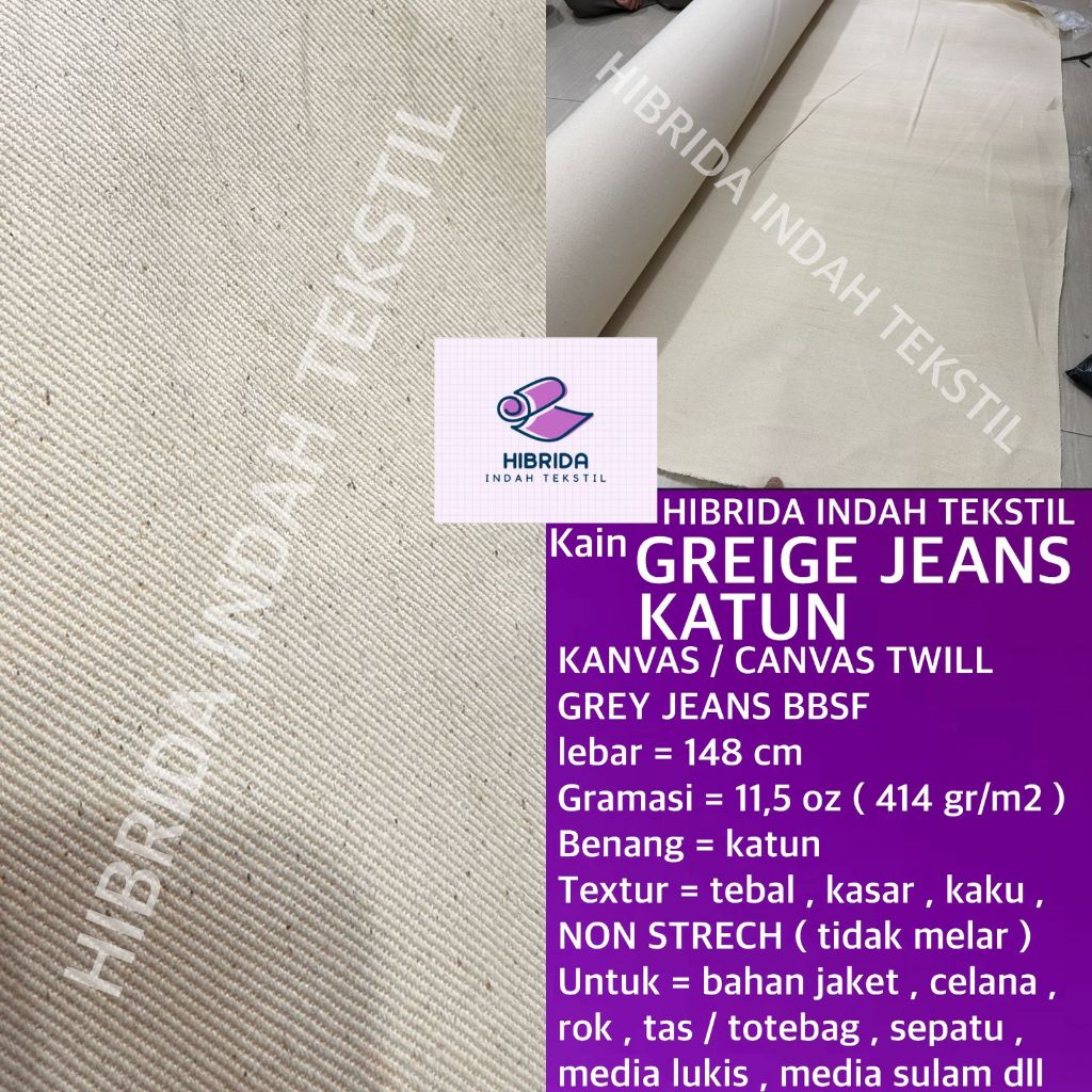 ( per setengah meter ) kain greige grey jeans katun blacu belacu kanvas canvas twill jean tebal 11,5