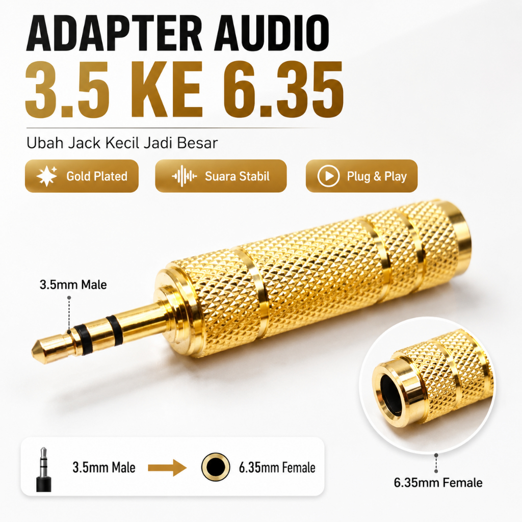 Adaptor Audio AUX 3.5mm Male ke 6.35mm Female Jack Converter Headphone Studio Zinc Alloy Gold Plated