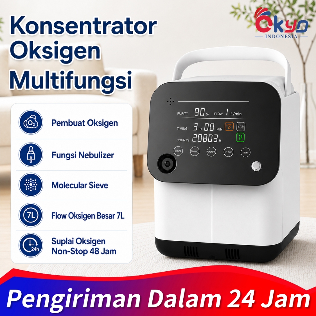 Oxygen Generator 1L 93% - Nebulizer Terintegrasi, 7L Adjustable, Senyap 40dB, Voice Broadcast, Porta