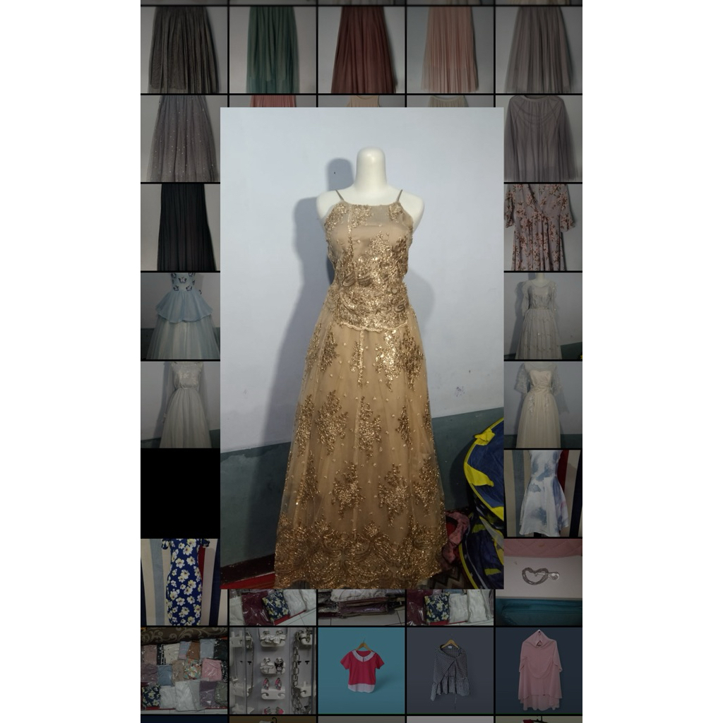 gaun walnut glitter gold Ld.85 pjg-+120cm resleting samping puring dan rok terpisah