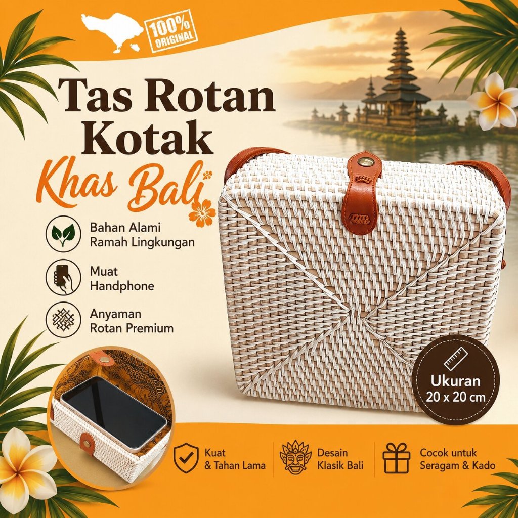 Tas Rotan Kotak Etnik Bali 20x17x7Cm Dompet Polos List Hitam Selempang Wanita