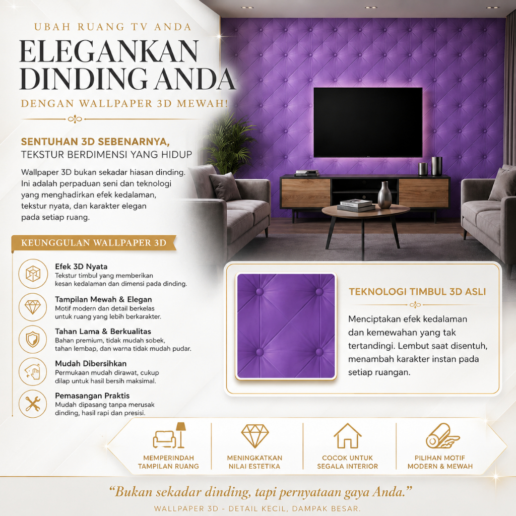CX Wallpaper 3D Foam Headboard Ungu Tua Dinding Busa Stiker WallFoam Dinding
