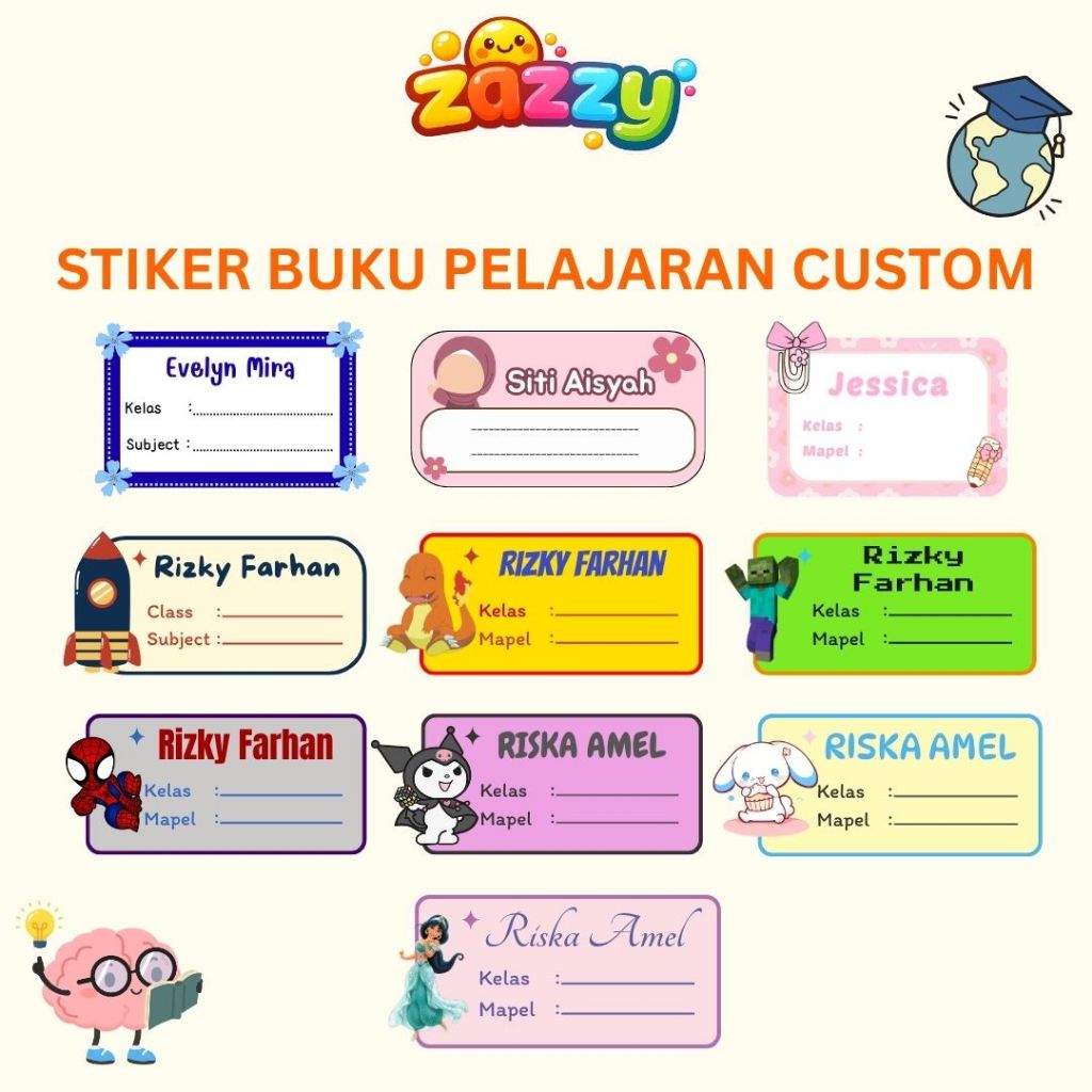 Zazzy Stiker Buku Pelajaran Stiker Label Nama Custom Request Nama Buku Tulis Buku Pelajaran Anak