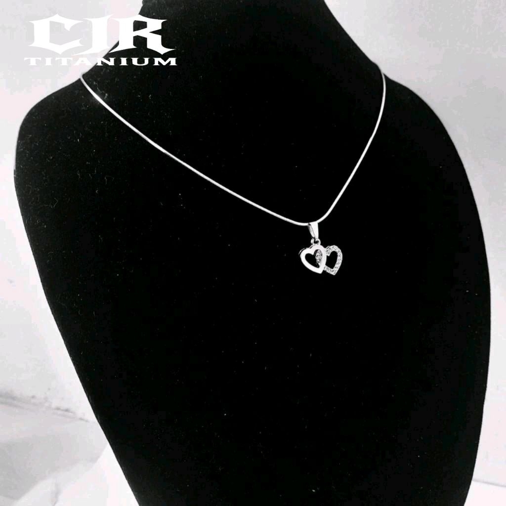 KALUNG PERHIASAN WANITA KOREA TERBARU SILVER DOUBLE LOVE CANTIK DAN LUCU - CJR TITANIUM Liontin
