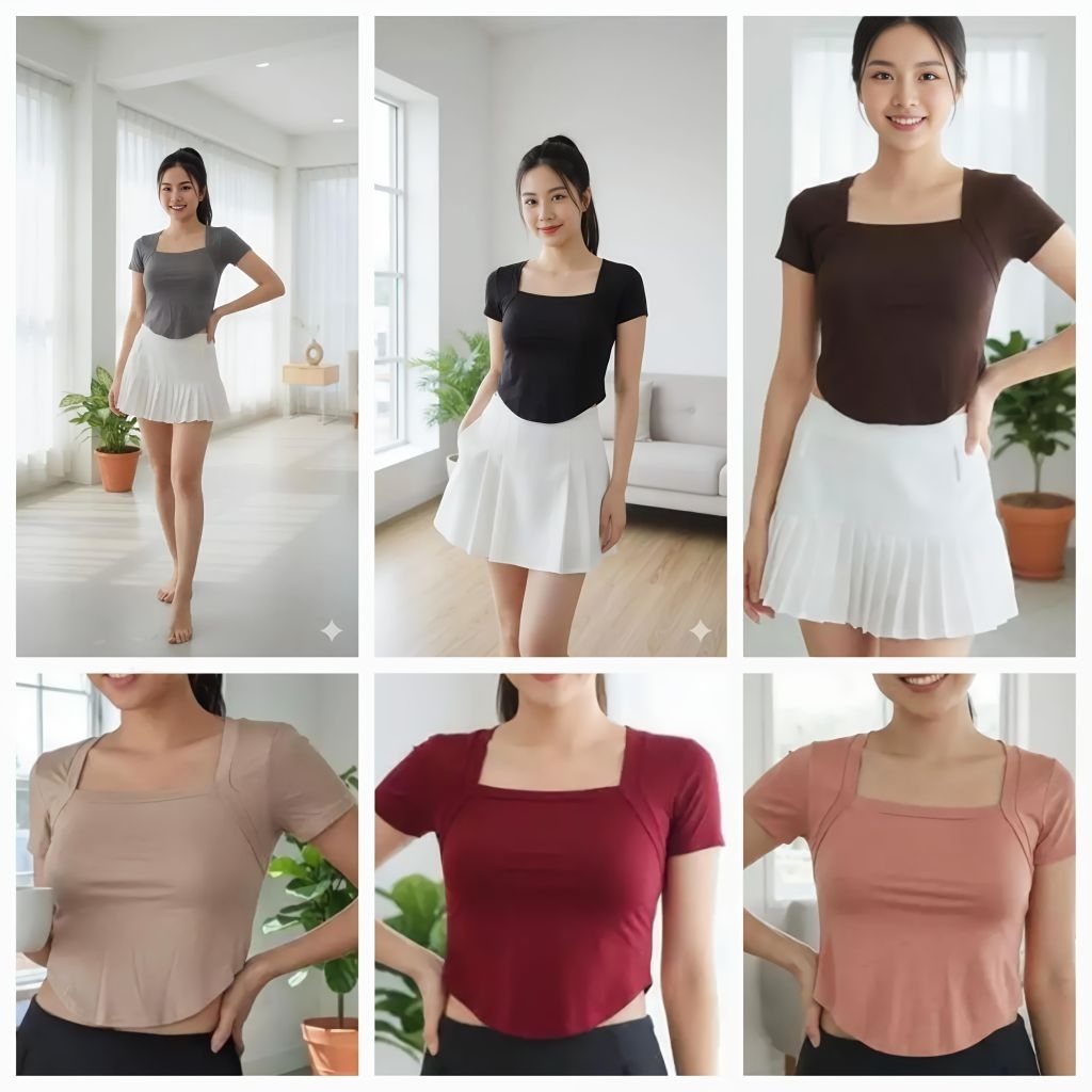 Atasan Wanita 6032 Kaos Crop Top Slim Fit Ujung Lengkung Korean Style Lengan Pendek Leher Kotak Baha