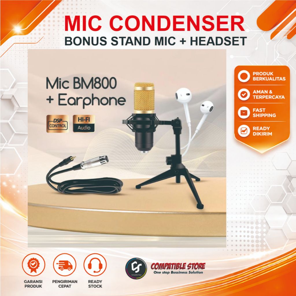 ( COD ) Bonkyo Mic BM800 Pro Kondensor Profesional 3.5mm dengan Headset & Stand untuk Rekaman Studio