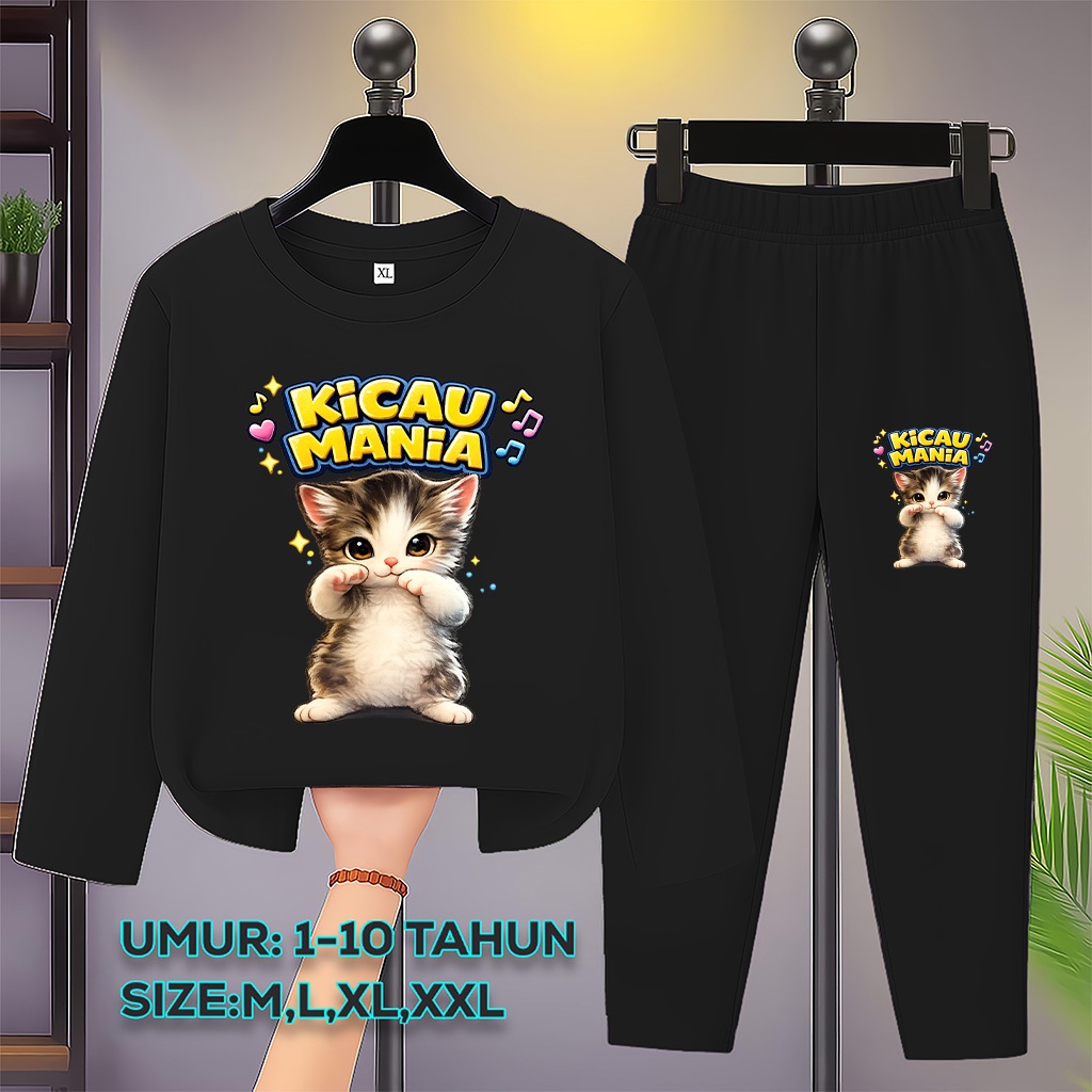 Baju Anak Usia 3-10 Tahun Kicau Mania Setelan Anak Lengan Panjang Motif Kucing Joget Kicau Mania