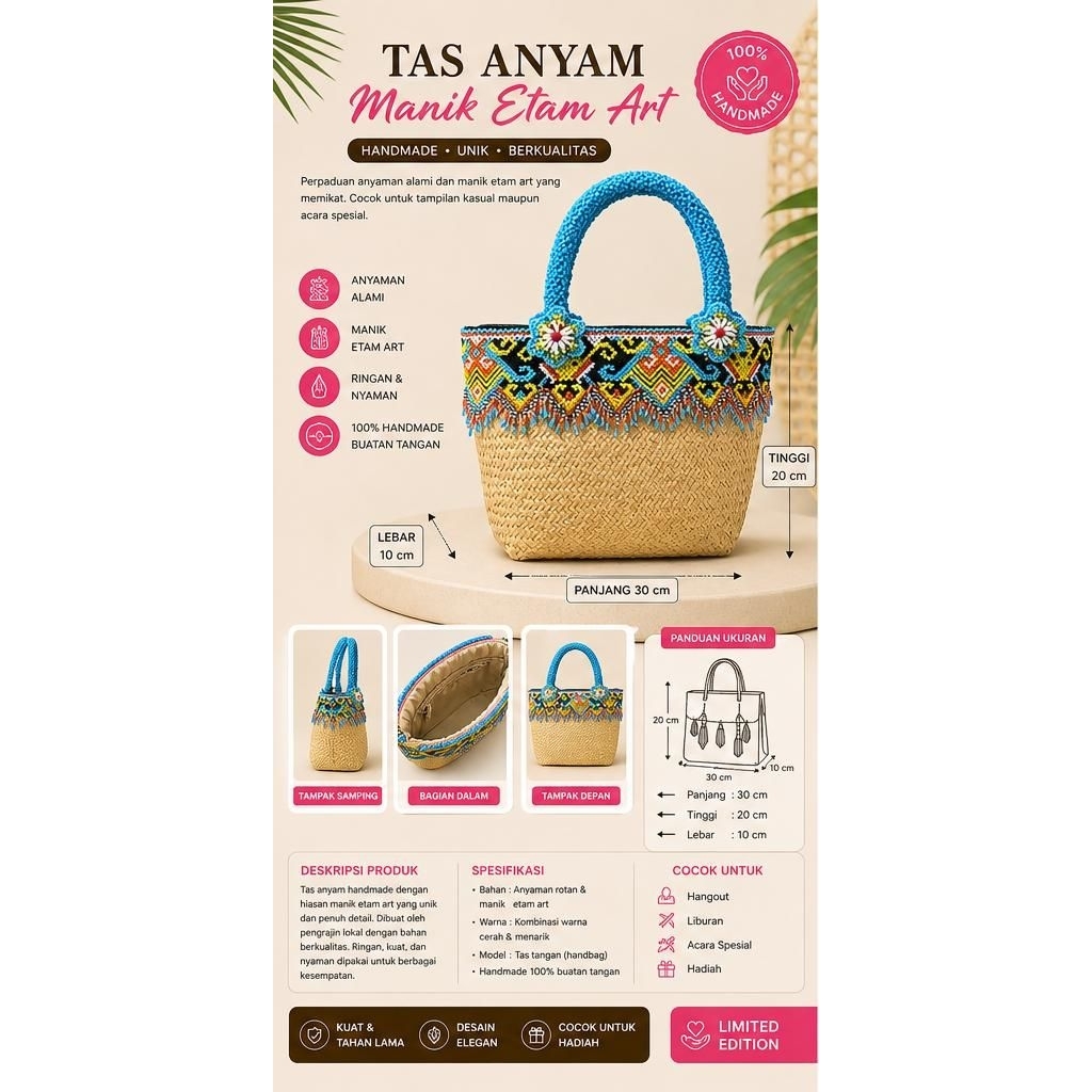 Tas Rotan Anyam Handmade|Tas Wanita Hias Manik| Tas Dayak Kalimatan