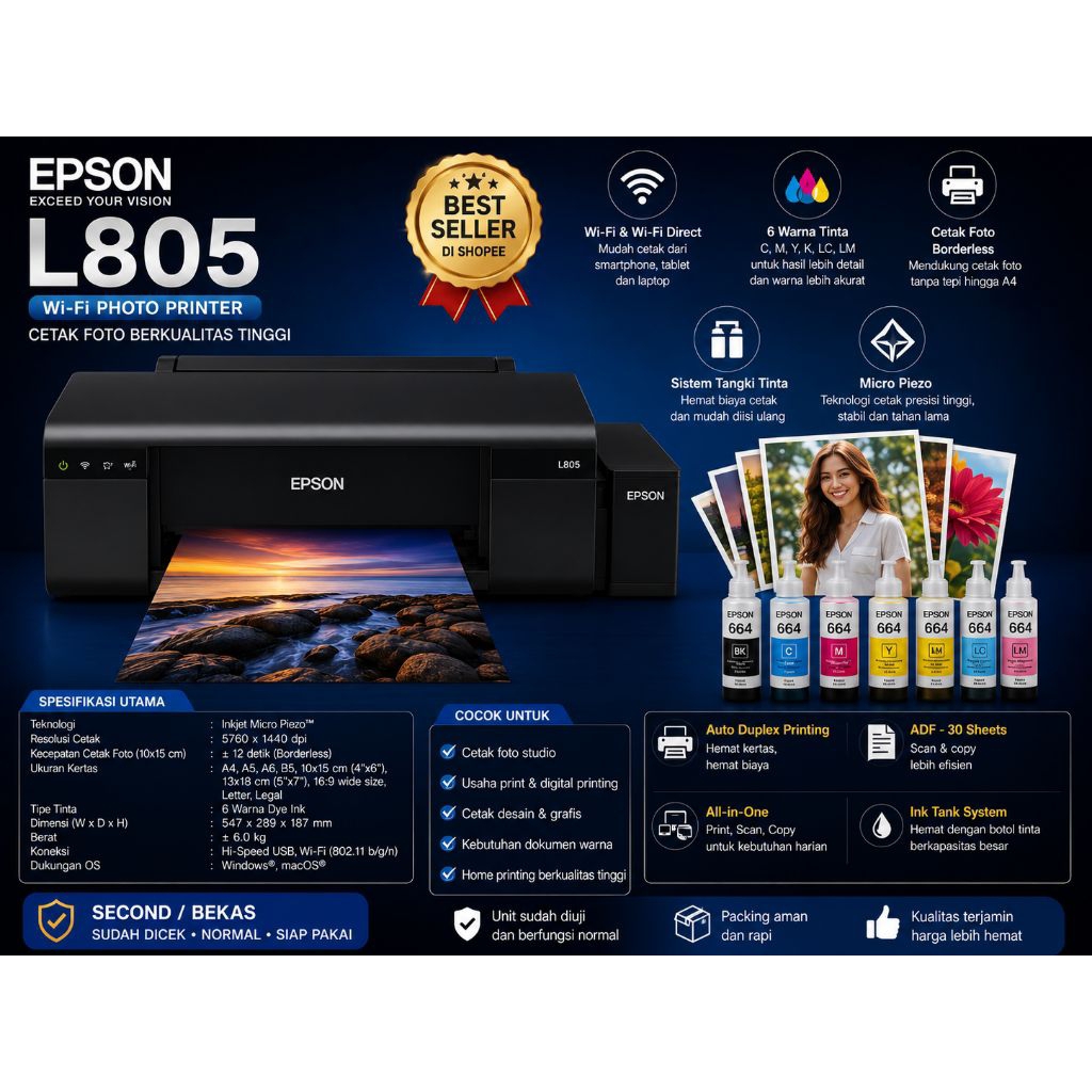 Epson L805 Bekas Mulus | Printer Foto WiFi 6 Color
