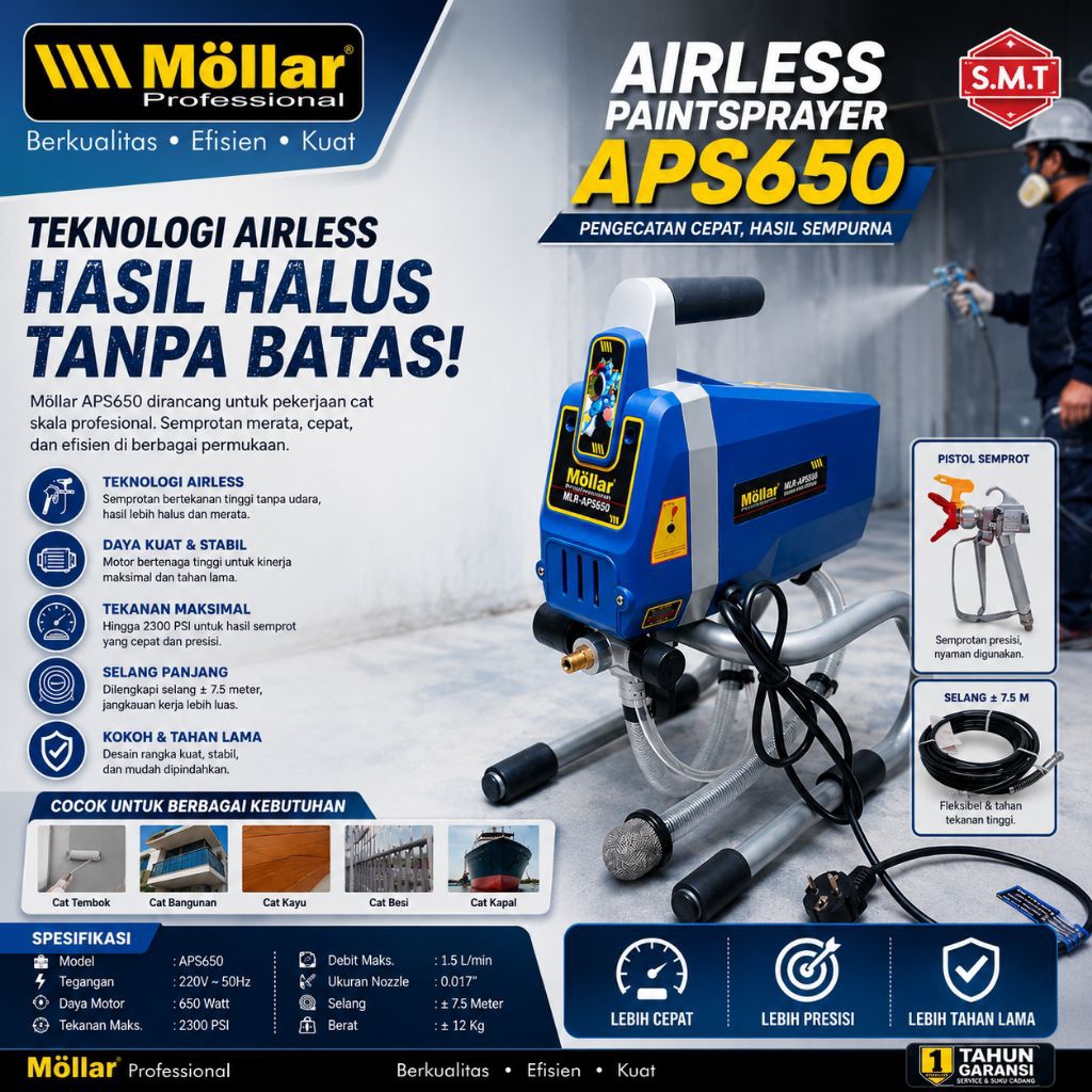 Alat Semprot Cat Tanpa Angin Kompresor Hemat Listrik MOLLAR APS650 Low Watt AIRLESS Paint Sprayer