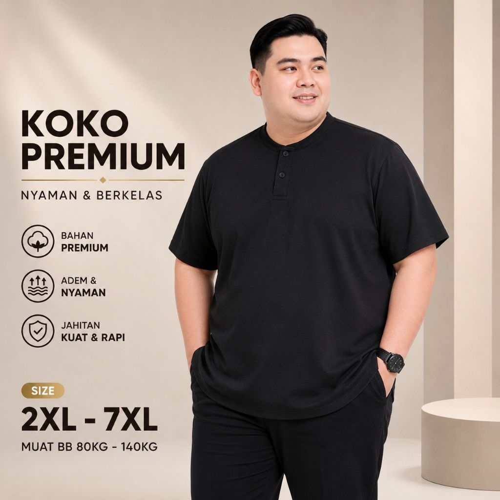 Alhakam Koko kaos kurta Pria Jumbo Lengan Pendek Big Size 2XL-7XL Fashion Muslim Premium Terbaru