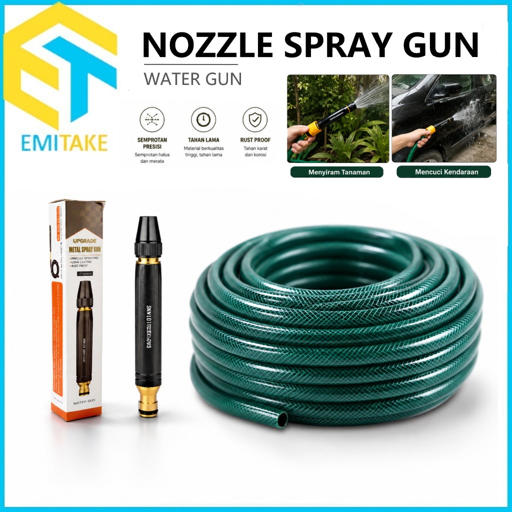 Paket Selang Air Set Alat Cuci Motor Selang Air Ukuran 1/2 Inchi 3 - 5 Meter Free Nozzle Semprotan