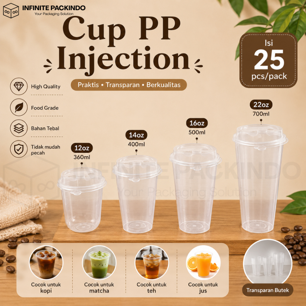(ISI 25 PCS) Gelas PP Cup Injection Datar Oval 12oz / 14oz / 16oz / 22oz / Injection Cup Datar (PP)