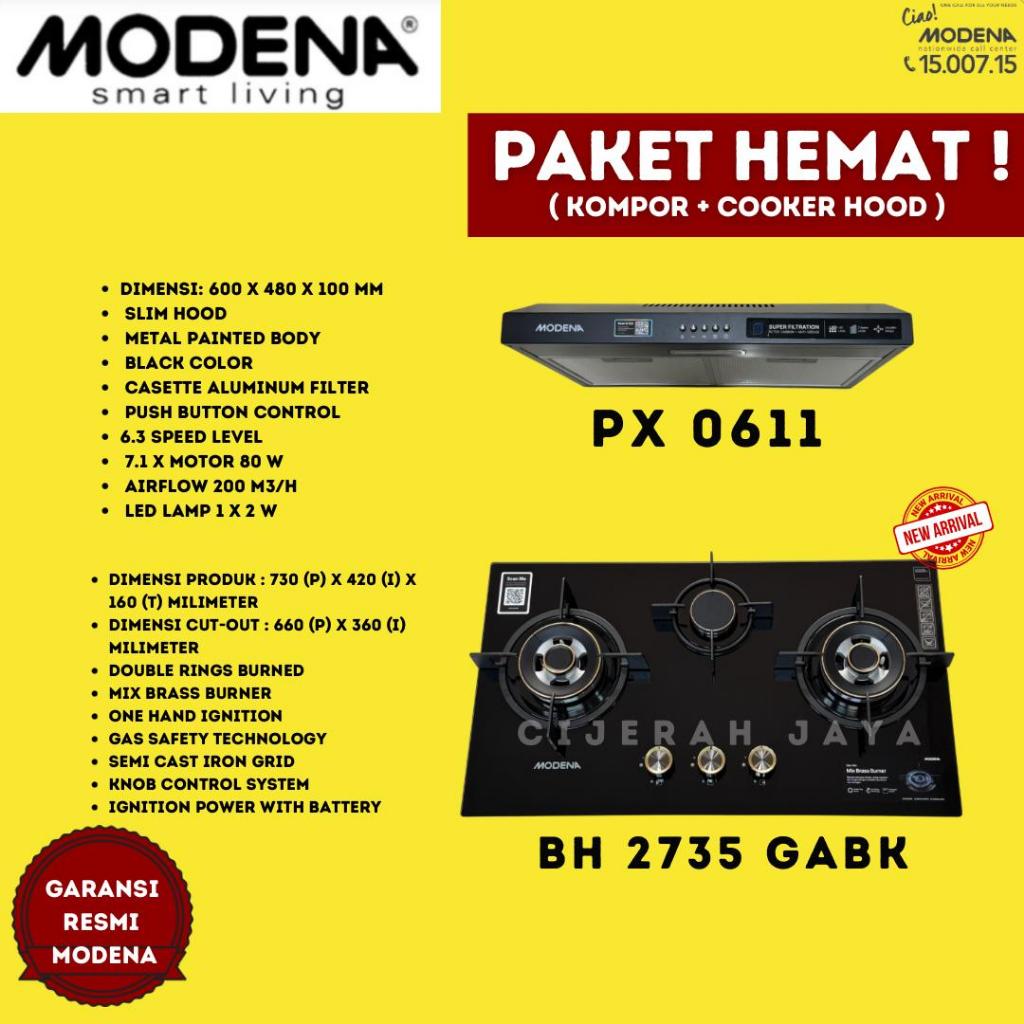 PAKET MODENA KOMPOR GAS TANAM 3 TUNGKU BH 2735 GABK + COOKER HOOD MODENA / PAKET BUNDLING KOMPOR TAN