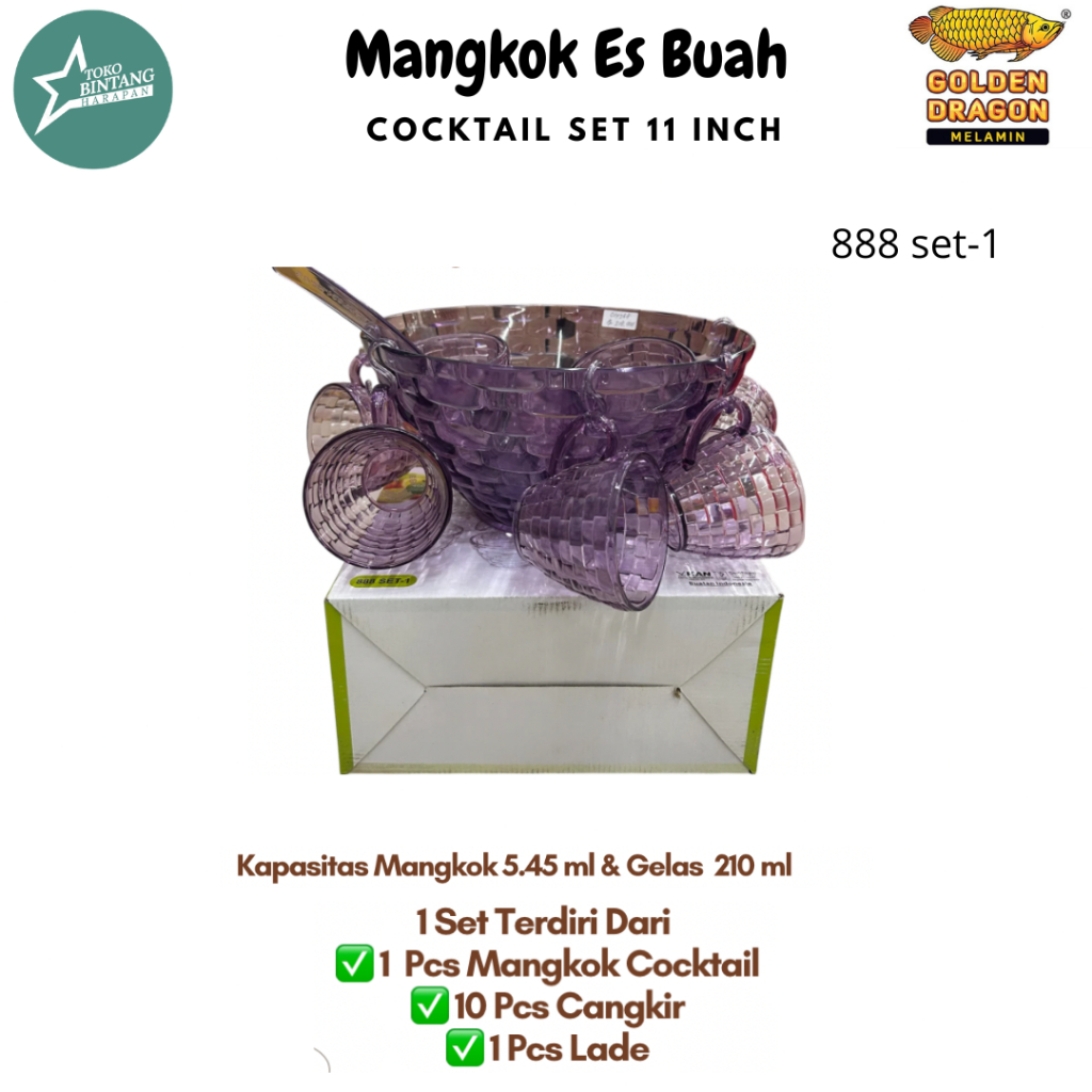 Mangkuk es buah/mangkuk cocktail melamin/mangkuk set es buah golden dragon 10pcs gelas 888-1set