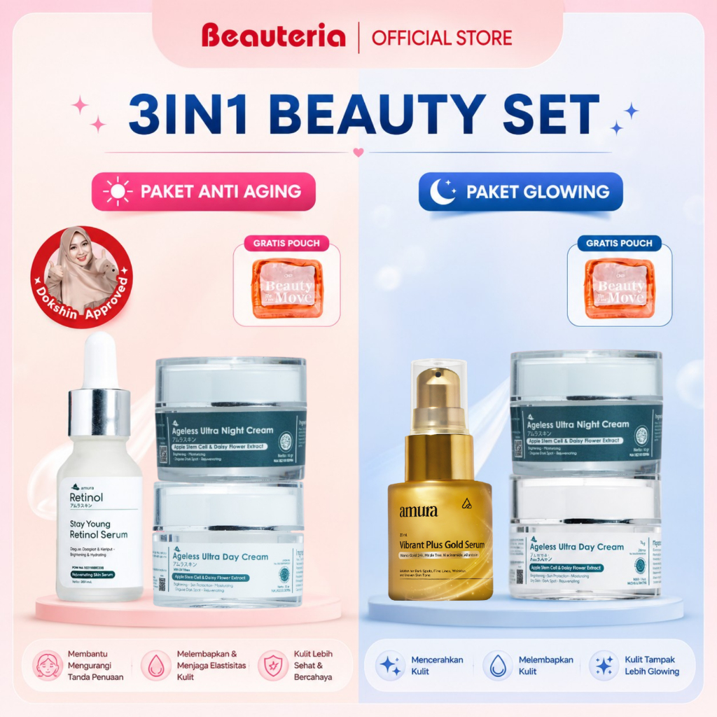 AMURA Paket 3Pcs Skincare - Perawatan Wajah Glowing dan Anti Aging Retinol Day Night Cream Serum
