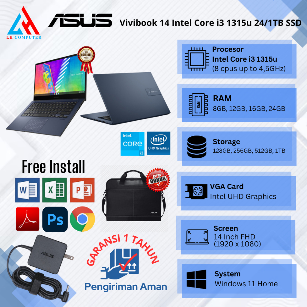Laptop Baru Asus Vivobook 14 Intel Core i3 1315U Gen13 upto 4,5Ghz