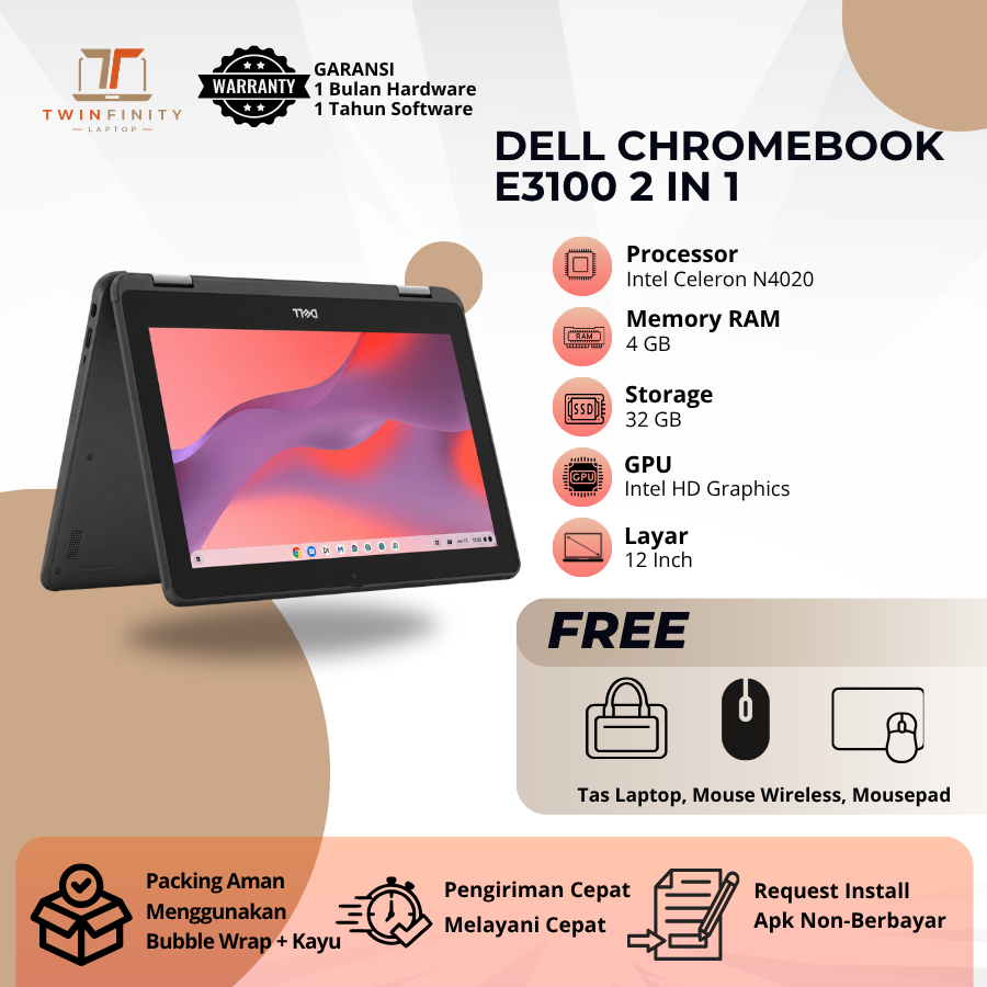 [FREE MOUSE WIRELESS & TAS LAPTOP] Dell Chromebook 3100 2in1 Touchscreen Celeron N4020 RAM 4GB SSD 3