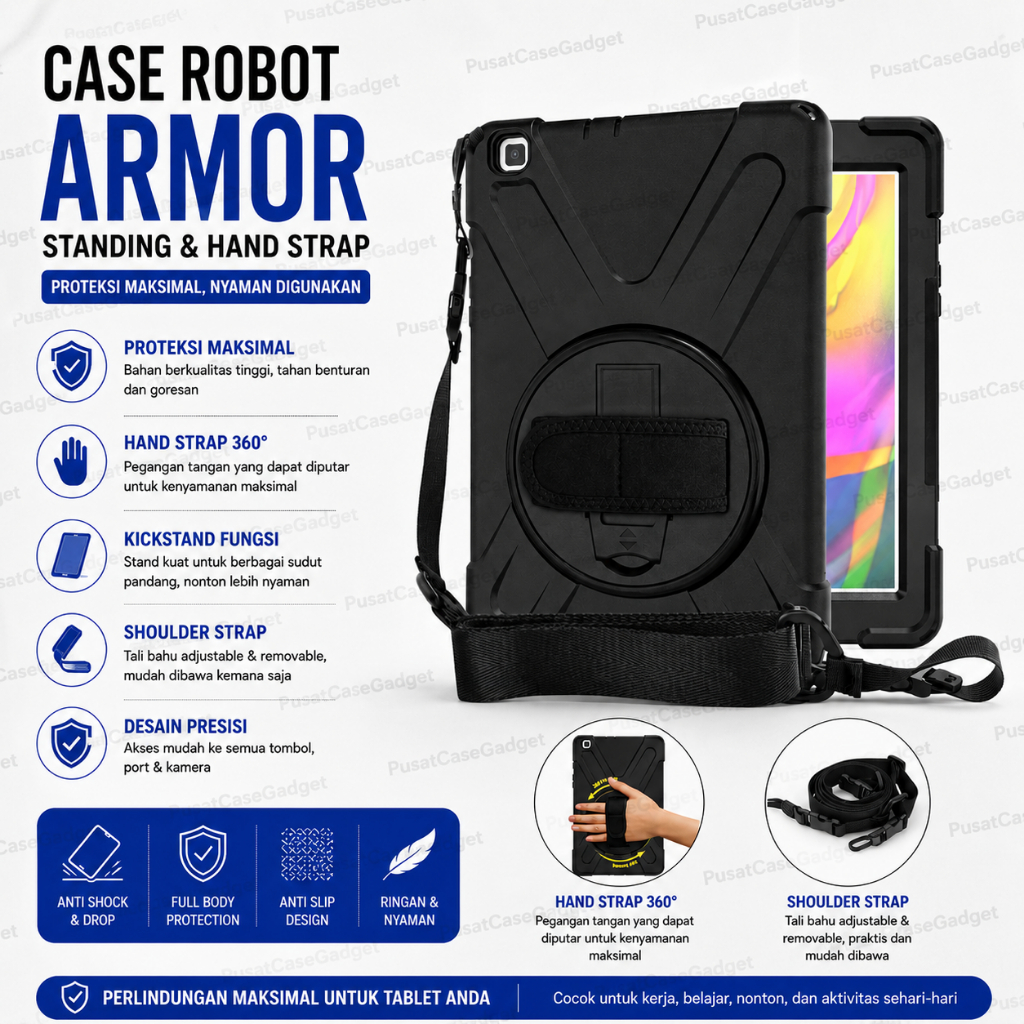 Case Robot Samsung Type Tab A11 | Tab A11+ Case Robot Armor Standing Plus Tali Lanyard  TB 301