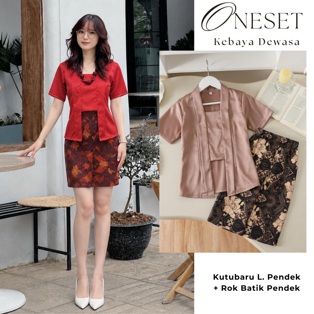 One Set Kebaya Kutubaru Satin dan Rok Batik Span Pendek Setelan Kebaya Wanita Modern Oneset Wisuda