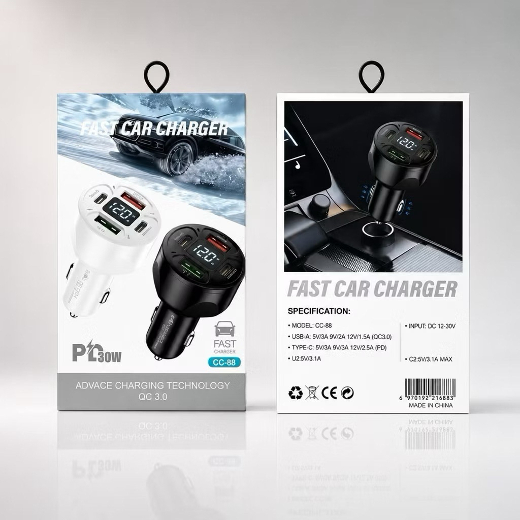 Adapter Car Charger CC-88 PD 30W 4 USB ( 2USB-A + 2USB-C ) Batok Saver Mobil CC88 Universal Type-C