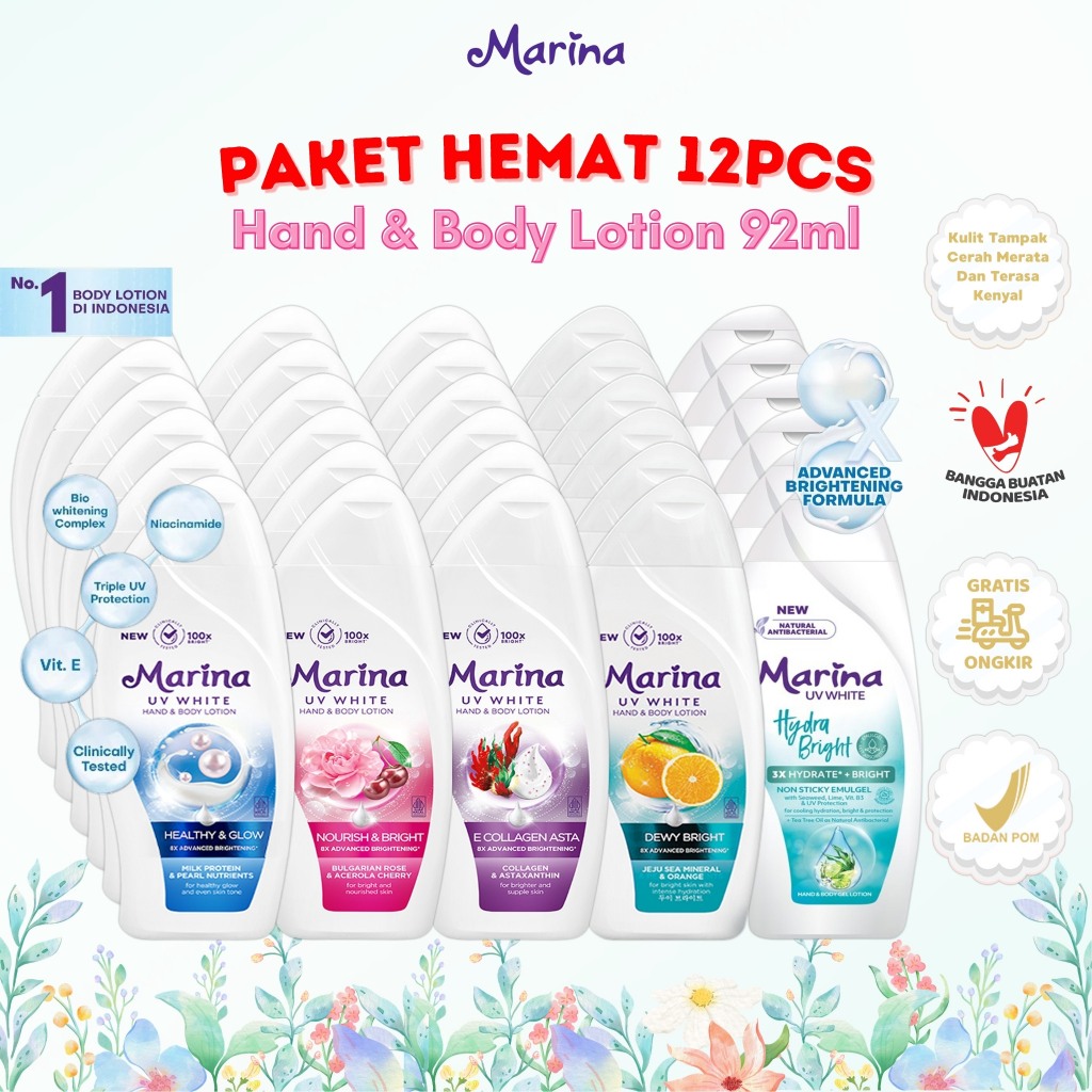 [PAKET 12PCS] MARINA Hand Body Lotion UV White 92ml - Nourish & Bright / Healthy & Glow / Dewy Brigh