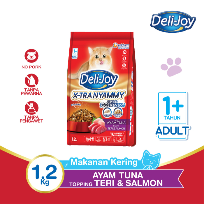 Deli-Joy Makanan Kucing Kering Adult Ayam Tuna Topping Teri & Salmon 1.2kg -  3 Packs
