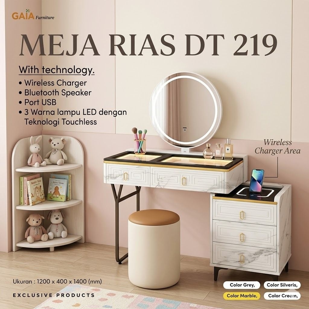 Meja Rias Gaia DT 219 Meja Makeup Meja Rias Cermin Meja Rias Lampu LED Touch Screen Meja Rias Vanity